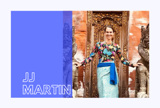  JJ Martin branded image with a lady in colourful outfit standing before an ornated entrance