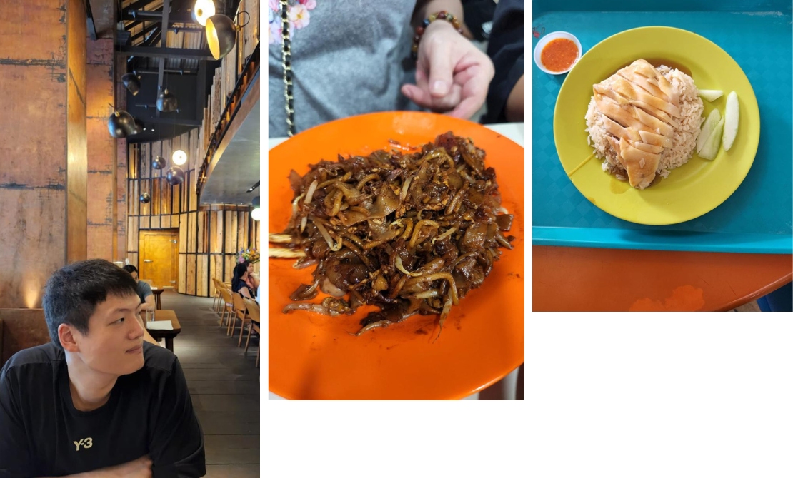3 photos depicting a man in a restaurant and a noodles and rice dish on colourful plates