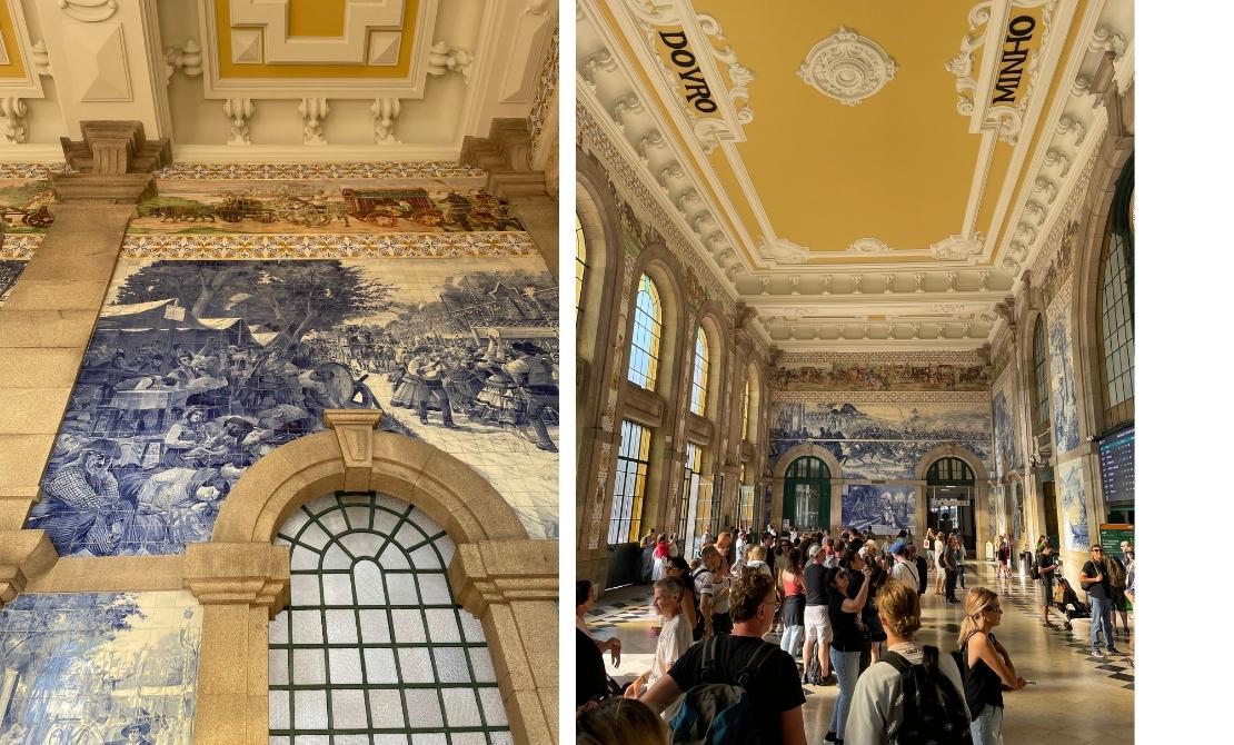 People looking at the excessively decorated interior of Sao Bento Railway Station