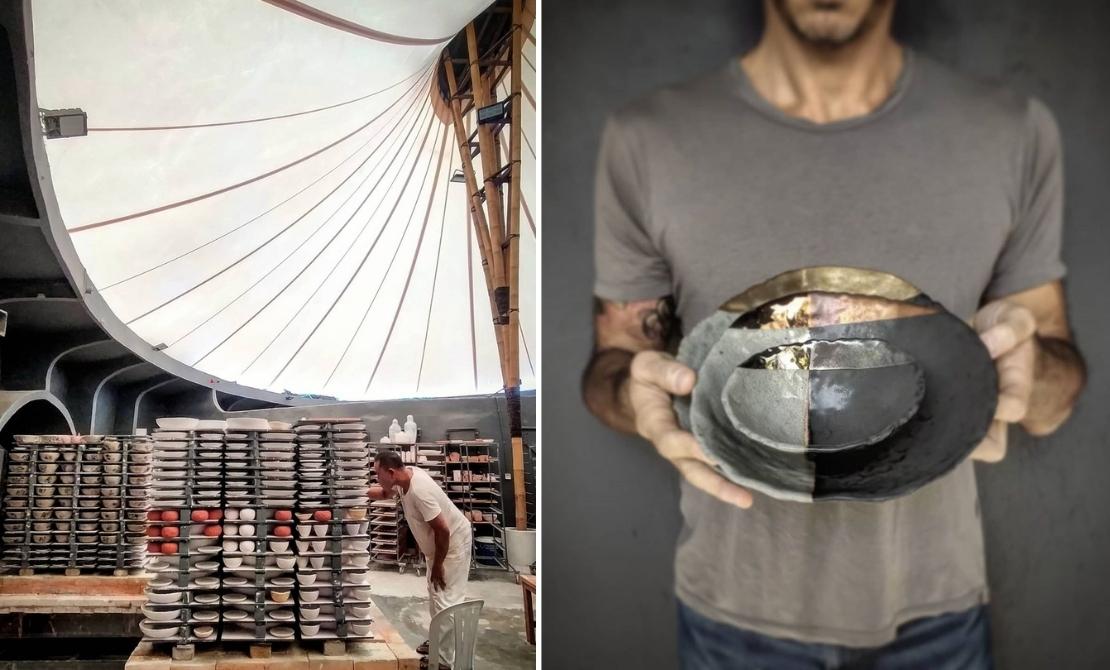 Ceramic plates held by a men from Gaya Ceramic