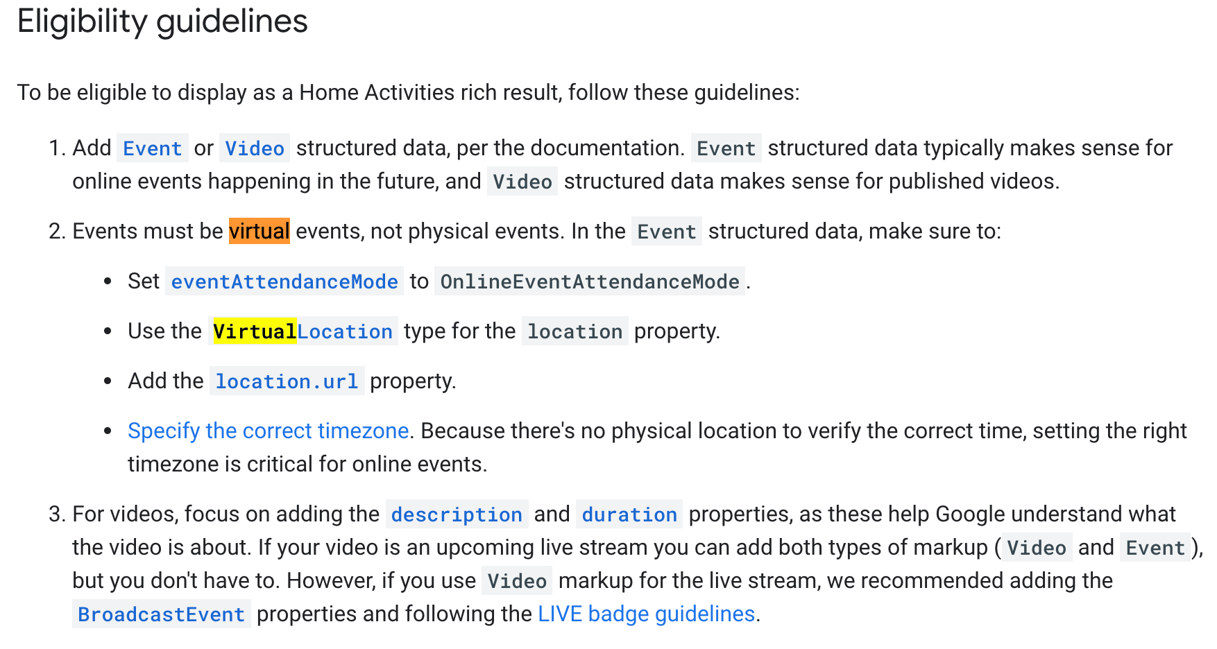 Alt="Google Home activities rich results eligibility criteria list">