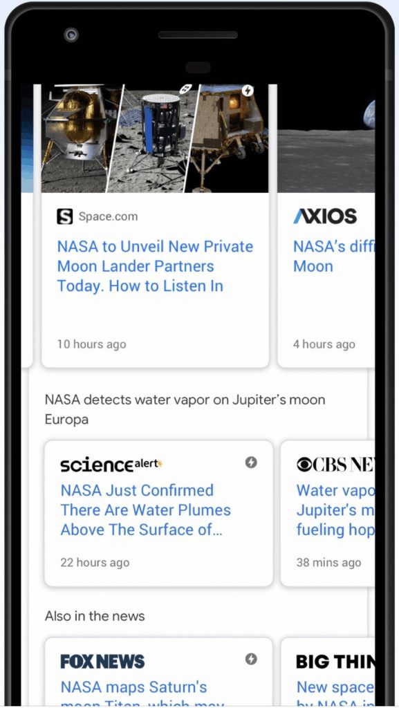 Screenshot of a Google search on 'nasa news' showing top stories related to recent NASA updates