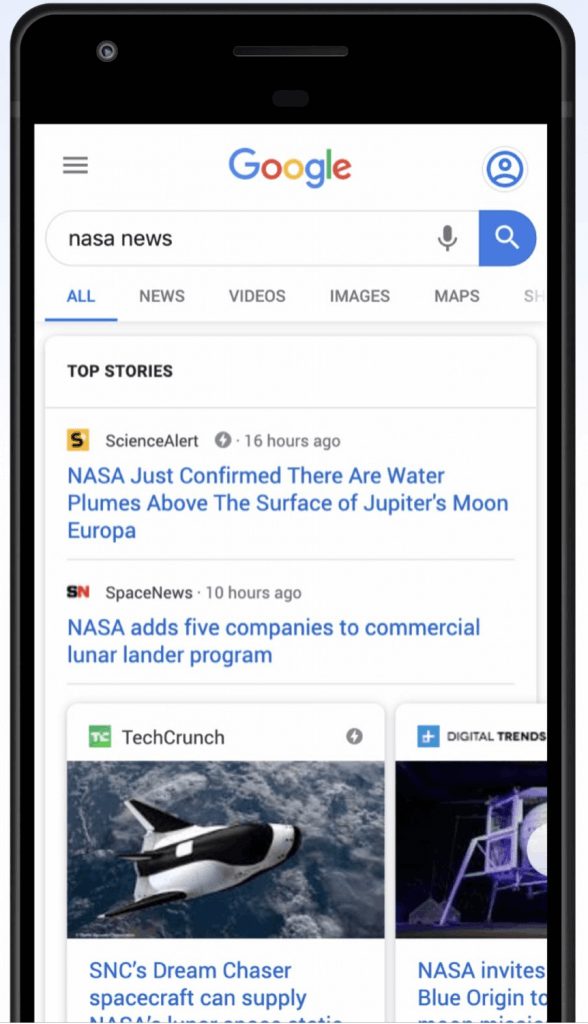 Screenshot of a Google search on 'nasa news' showing top stories related to recent NASA updates