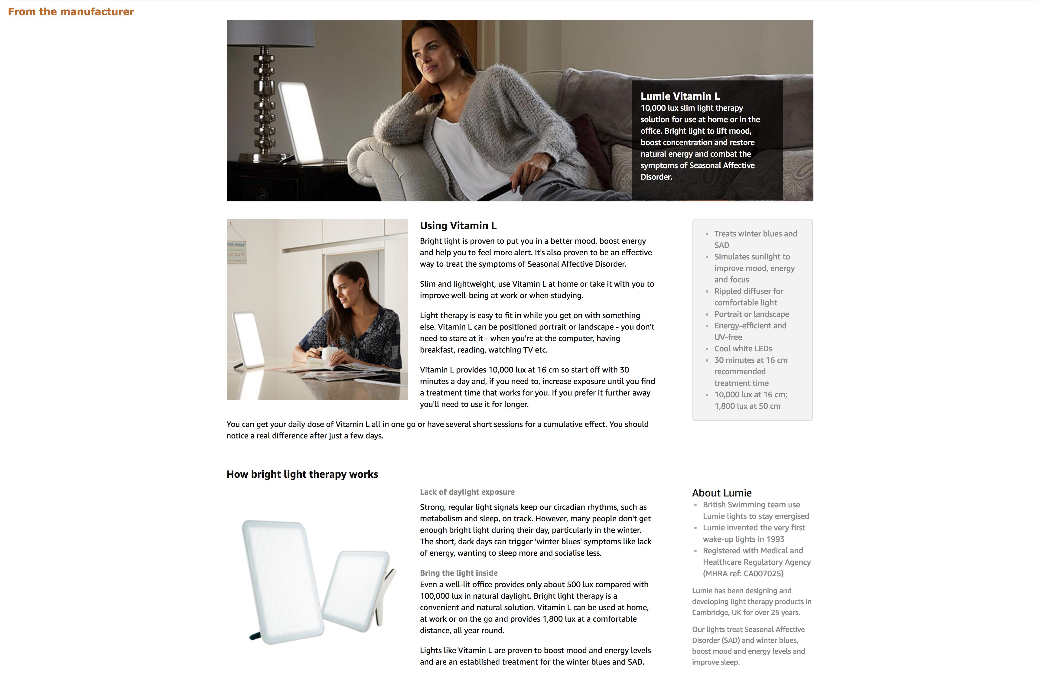 Product page showcasing the Lumie Vitamin L light therapy device
