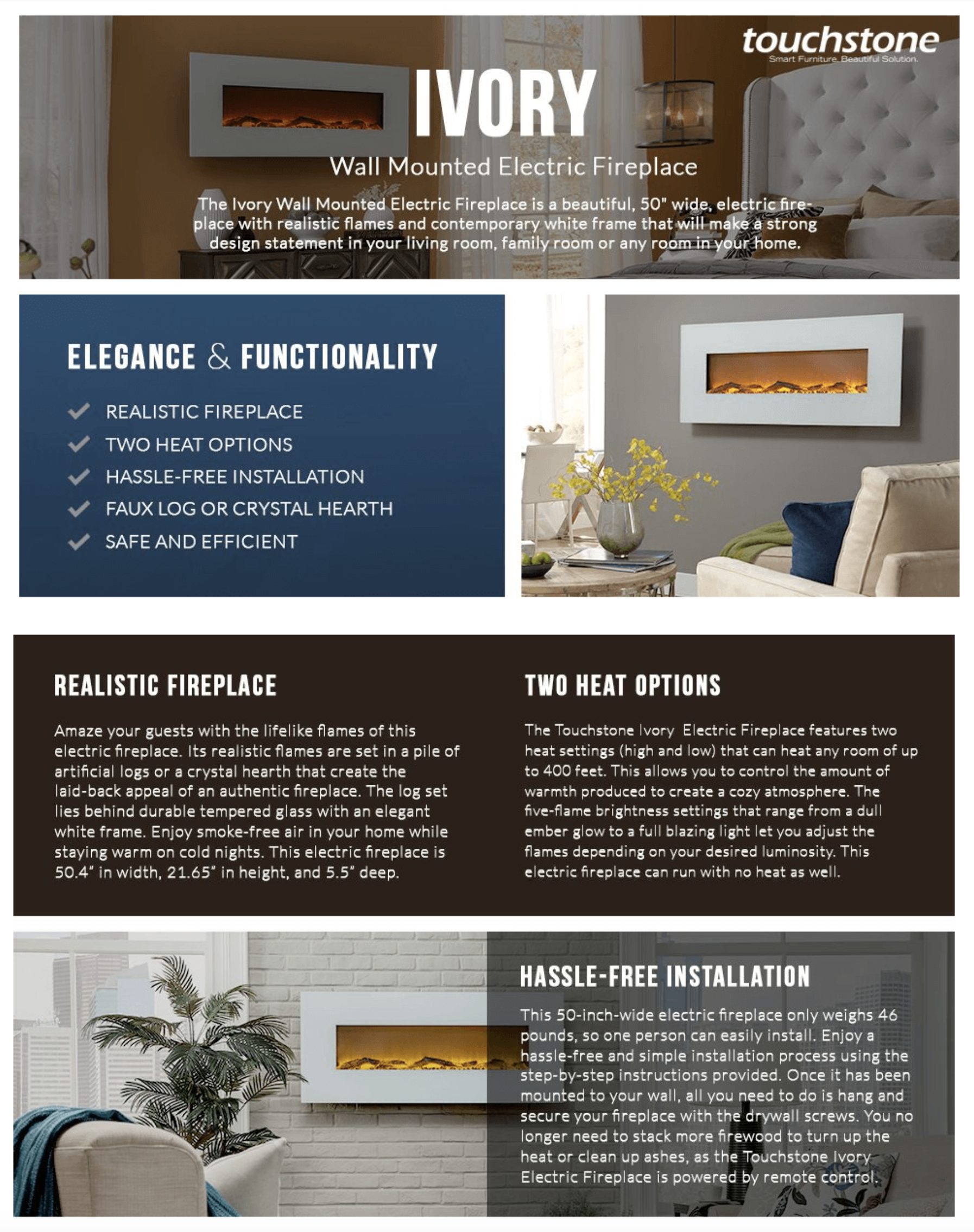 Overview of the Ivory Wall Mounted Electric Fireplace by Touchstone, showcasing key features like realistic flames and easy installation.