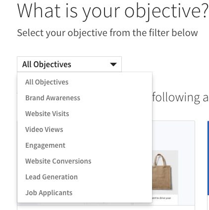Dropdown menu under the heading 'What is your objective?' showing different options 