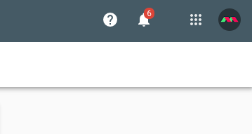 Close-up of a Google notification bar with icons, including a question mark, a bell with six notifications, and a user profile