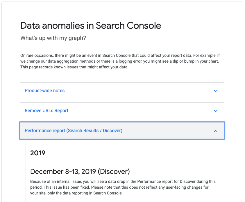 Screenshot of a Google Search Console page detailing data anomalies, with notes on performance report changes, and an example highlighting a data drop in December 2019