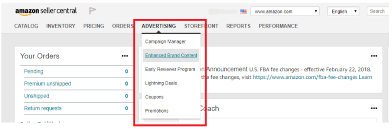 Screenshot of Amazon Seller Central highlighting the 'Advertising' menu with options such as 'Enhanced Brand Content' and 'Campaign Manager'.