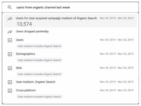 Screenshot showing analytics data for users acquired through the organic search channel
