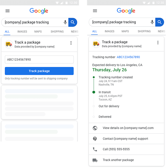 Two screenshots of Google's package tracking interface showing the input for tracking a package and the detailed status of the delivery process