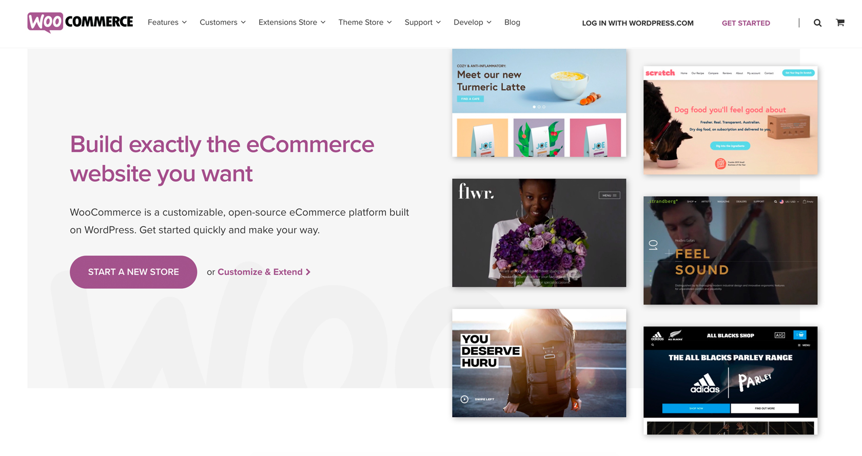 Screenshot of WooCommerce's homepage promoting its customizable eCommerce platform, with examples of various online stores displayed