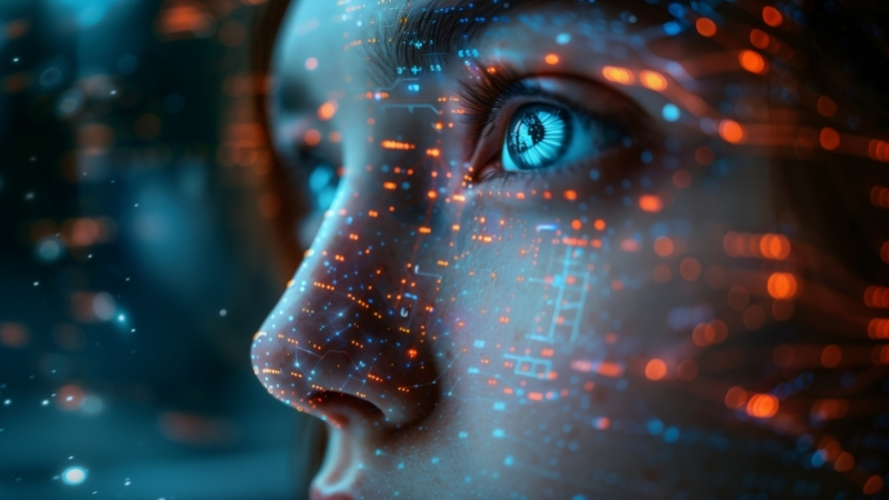 the face of a person with glowing blue eyes using AI search