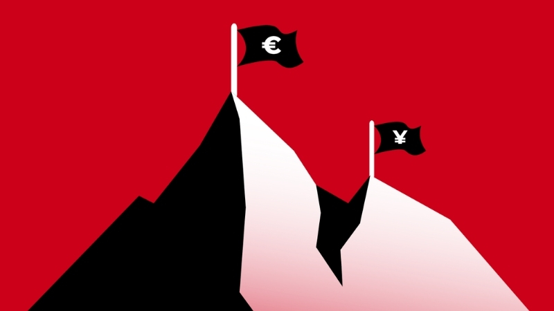 two flags on top of a mountain with a red background