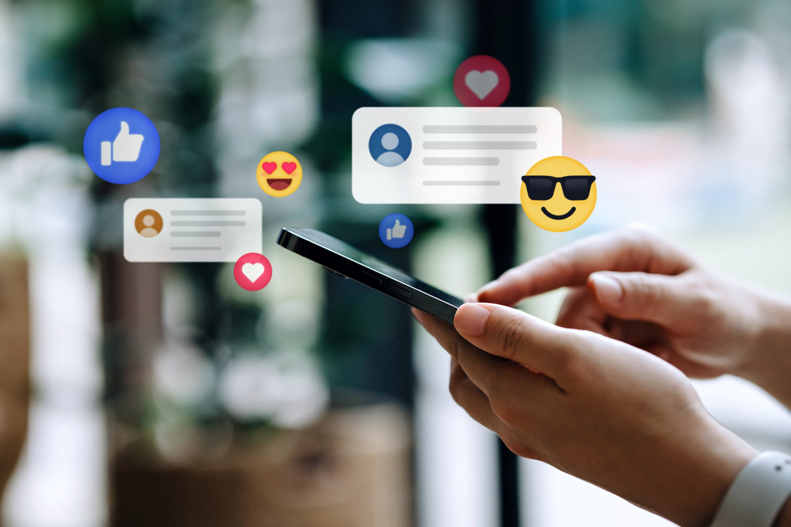 Close up of young woman using smartphone on social media network application. Viewing posts, giving likes or love, making friends on social media pages in the city. People engaging in networking with technology