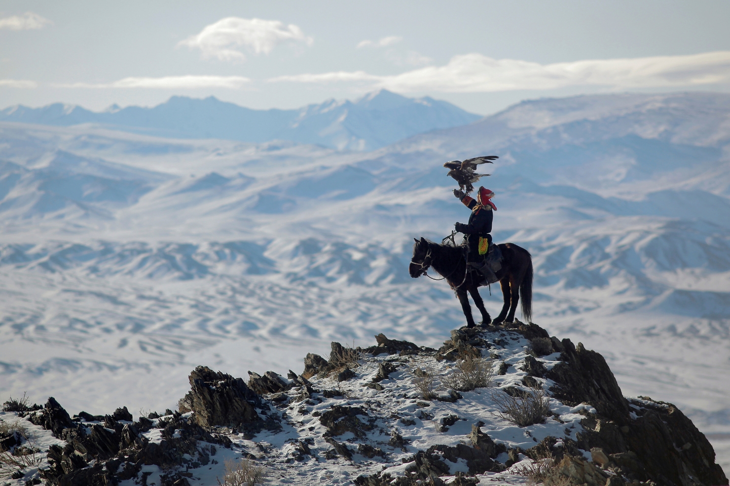a person with an eagle on their arm sitting on a horse standing on top of a mountain