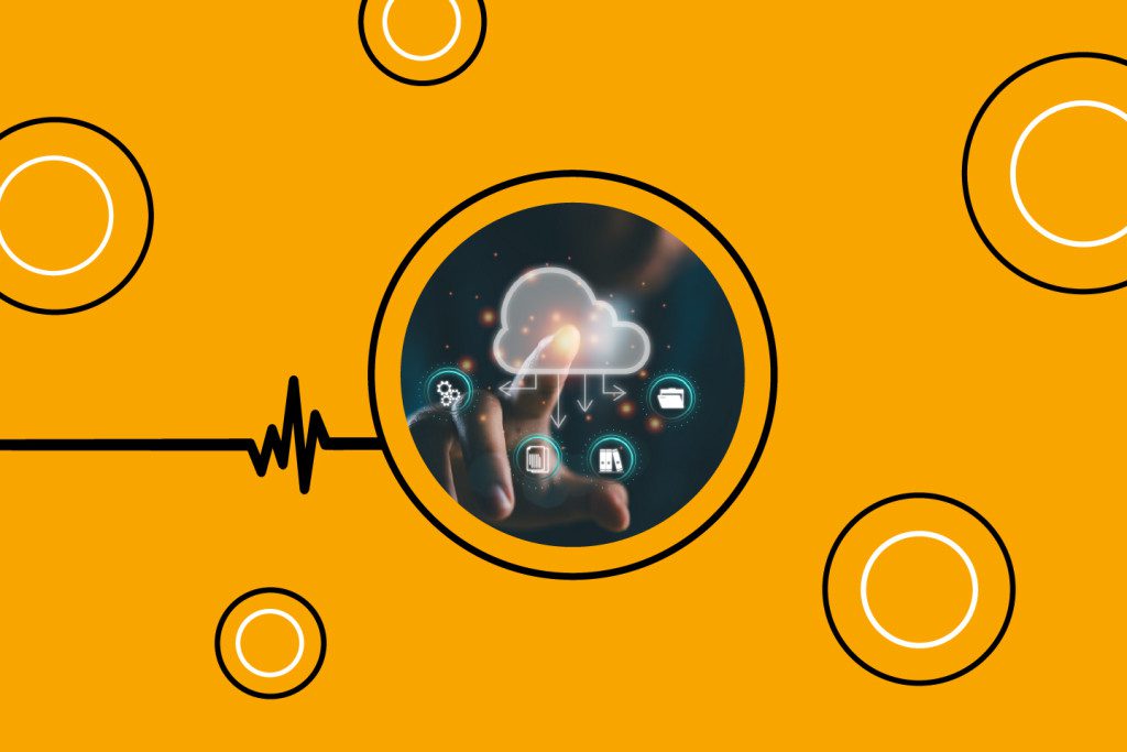 a hand reaching out to touch multiple digital icons, framed by a yellow background