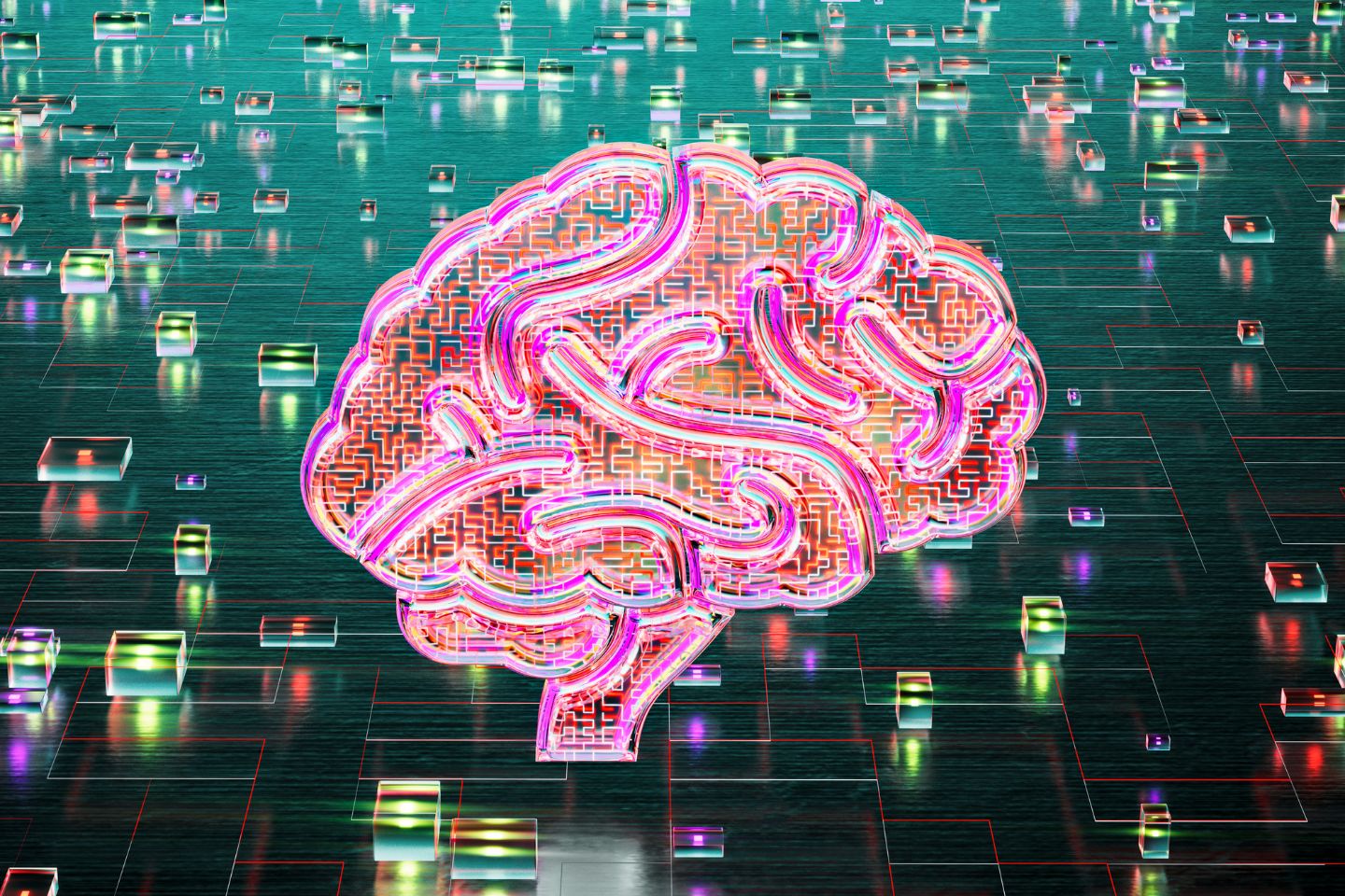 A glowing, stylized brain made of colorful circuitry sits on a dark, reflective surface with glowing rectangular elements scattered around it.