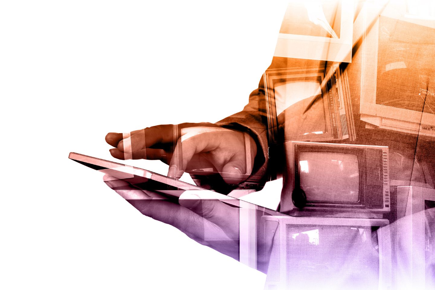 Double exposure of a hand with bandages on fingers using a tablet device layered over images of old televisions.