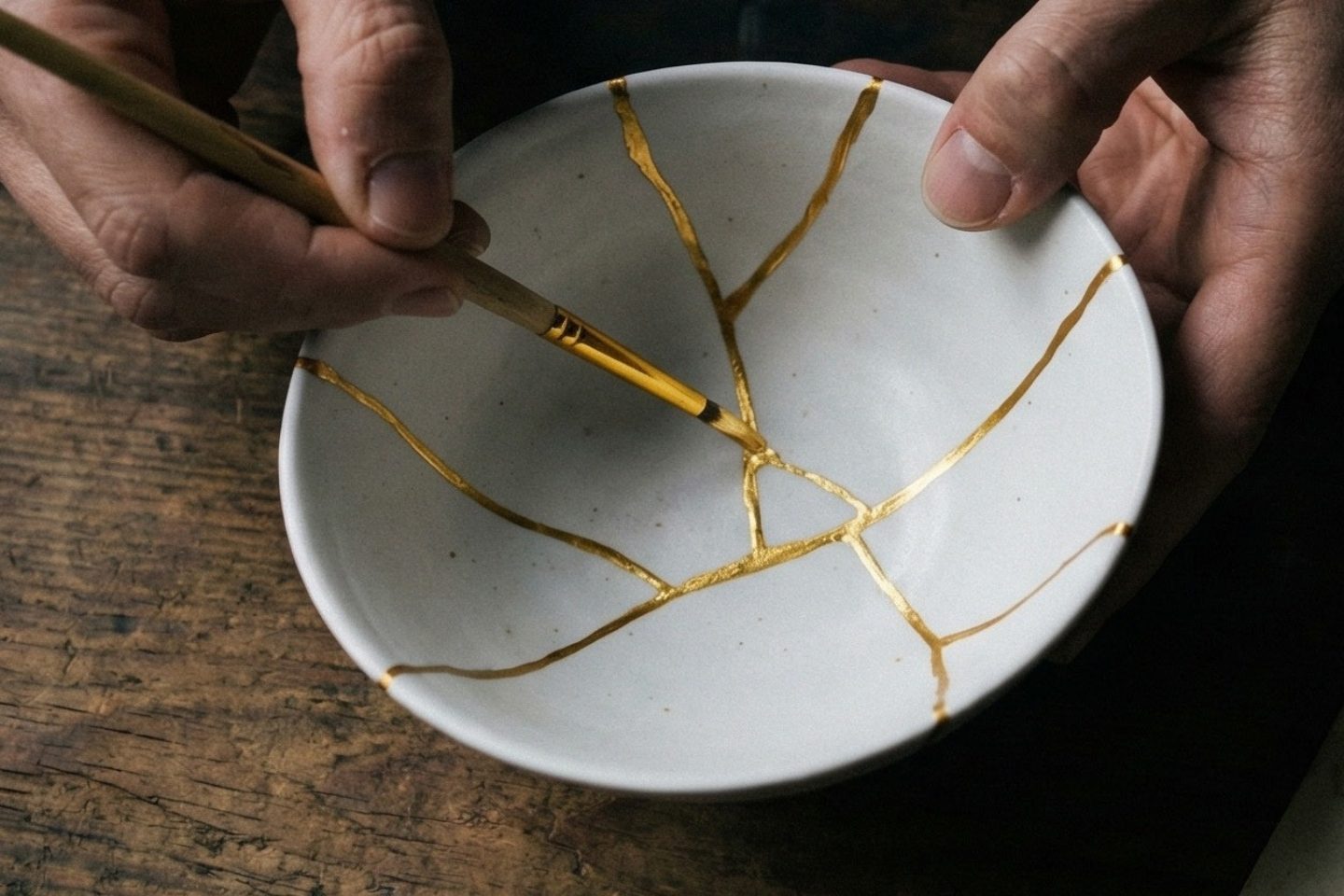 Hands holding a cracked white porcelain bowl with thin gold lines, resting on a wooden table; a knife and a small paper label with Chinese characters sit nearby.